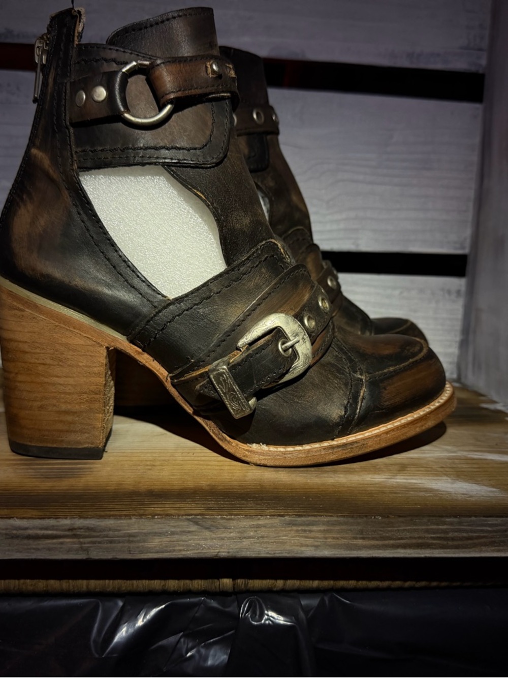 Freebird by Steven Dark Brown Leather Cutout Buckle Heeled Ankle Boots